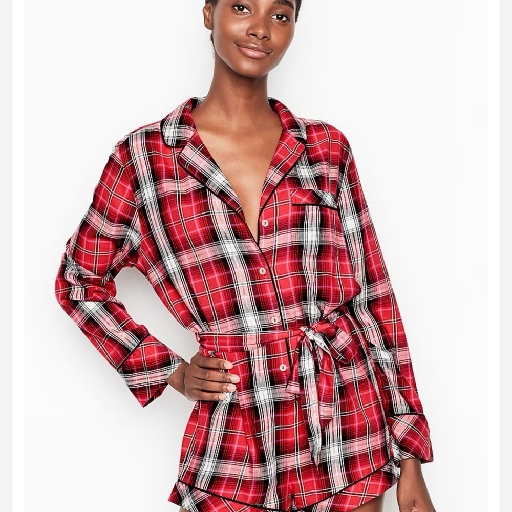 Victoria’s Secret Flannel Shorts Romper Plaid Long Sleeve Pajamas Size XL